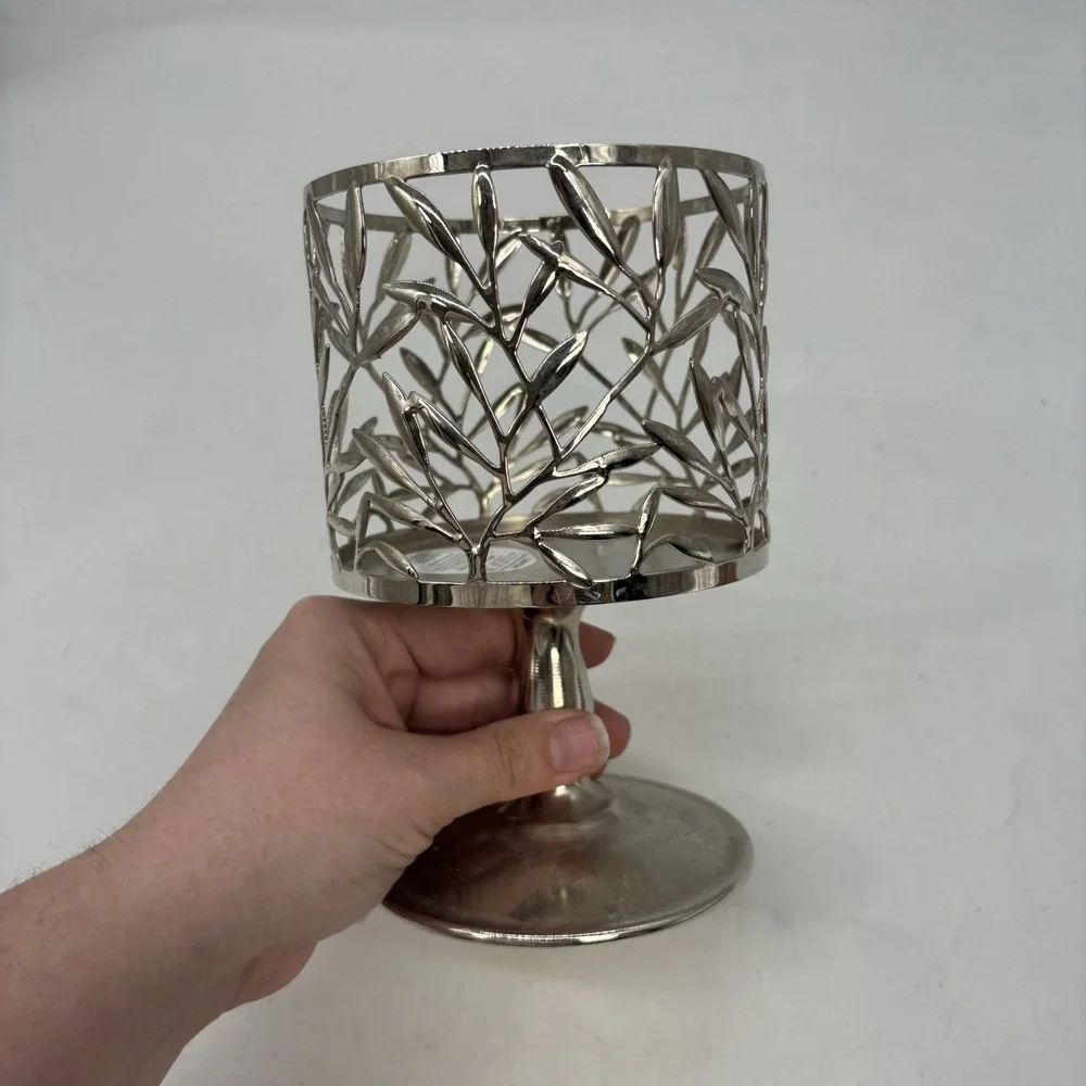 Bath & Body Works Vine Leaf Pattern Silver 3-Wick Pedestal Candle Holder
